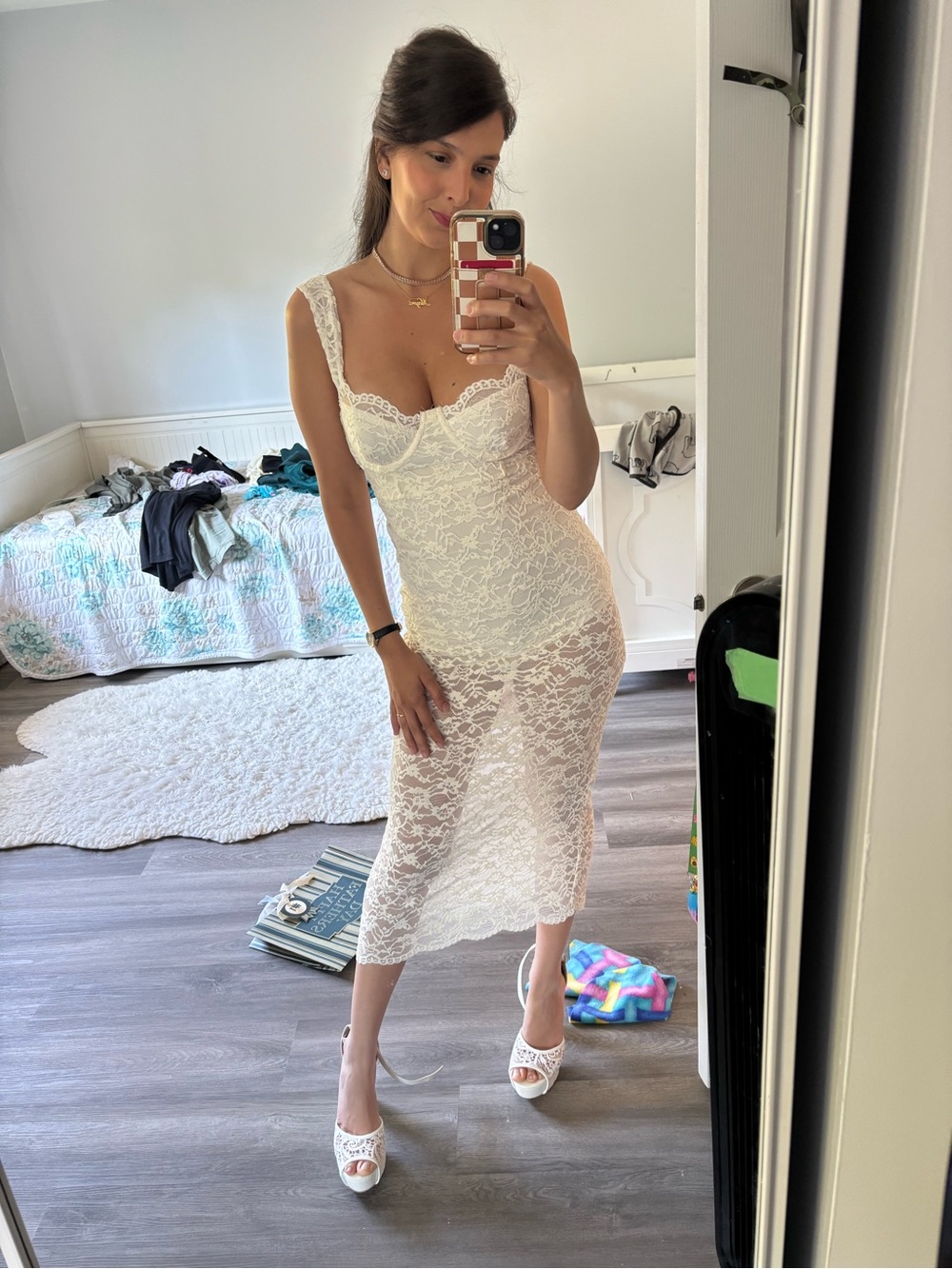 Zara White Lace Midi Dress with Sweetheart Neckline